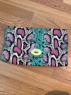 H&M Teal Pink Snake-Print Clutch with Gold Turnlock